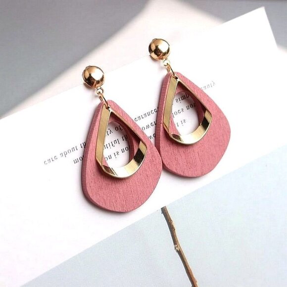 Kaylie Blush Pink Press Cut Wood Gold Layer Teardrop Earrings Gift Packaged - Picture 5 of 10